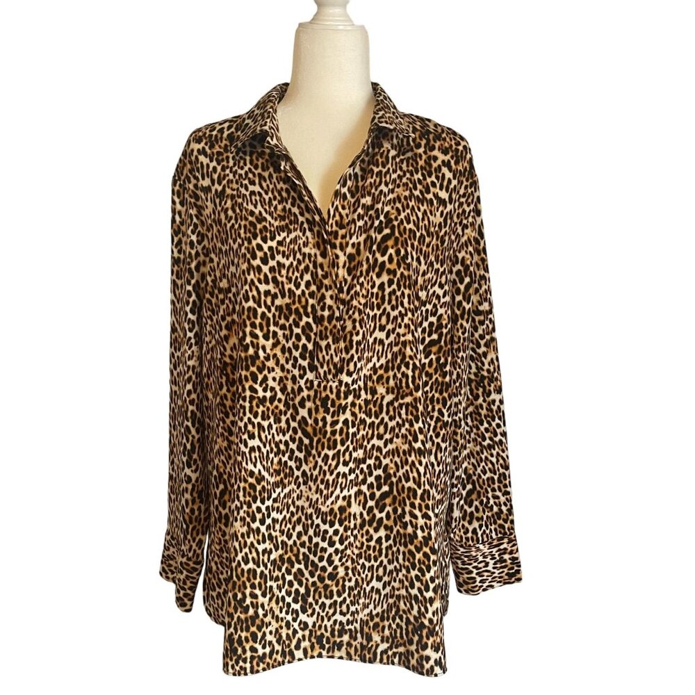 Worthington Leopard Print Button-Up Blouse XL 100% Polyester Long Sleeves Womens